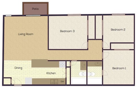 A floor plan of a house with a living room, dining room, kitchen, and three bedrooms.